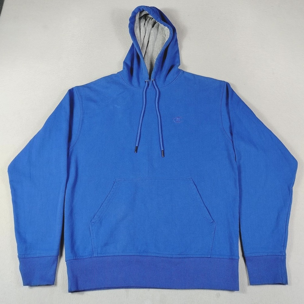 Champion Blank Hoodie Mens Medium Blue Pullover Fleece Sweatshirt Athletic